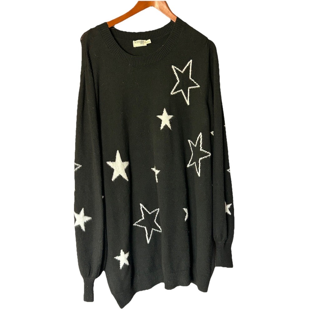 Terra & Sky Plus Size 3X Star Pattern Black White Pullover Sweater Crew Neck NWT